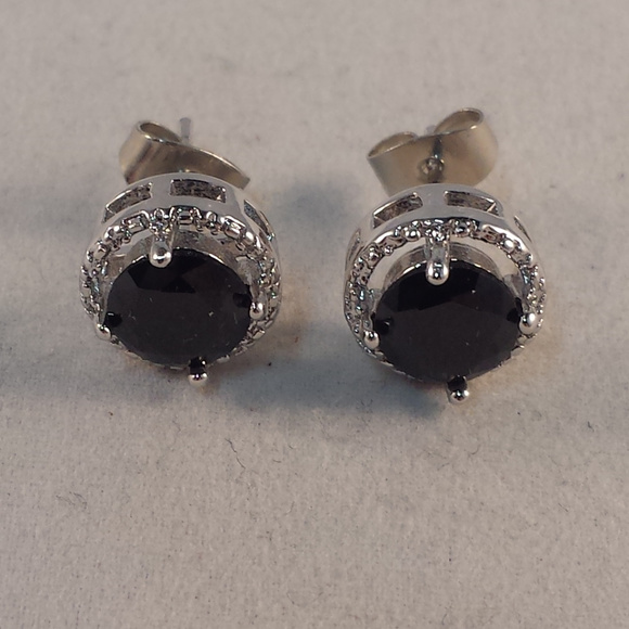 Jewelry - 18K White Gold Filled Black Onyx Diamond Zircon Stud Earrings 7mm Gorgeous Gift